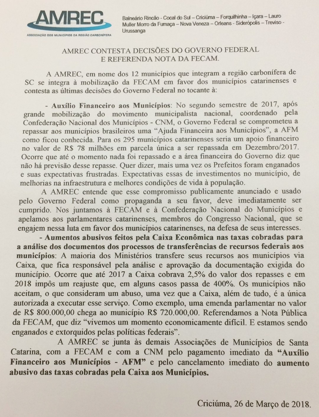 Read more about the article AMREC emite nota contestando decisões do Governo Federal