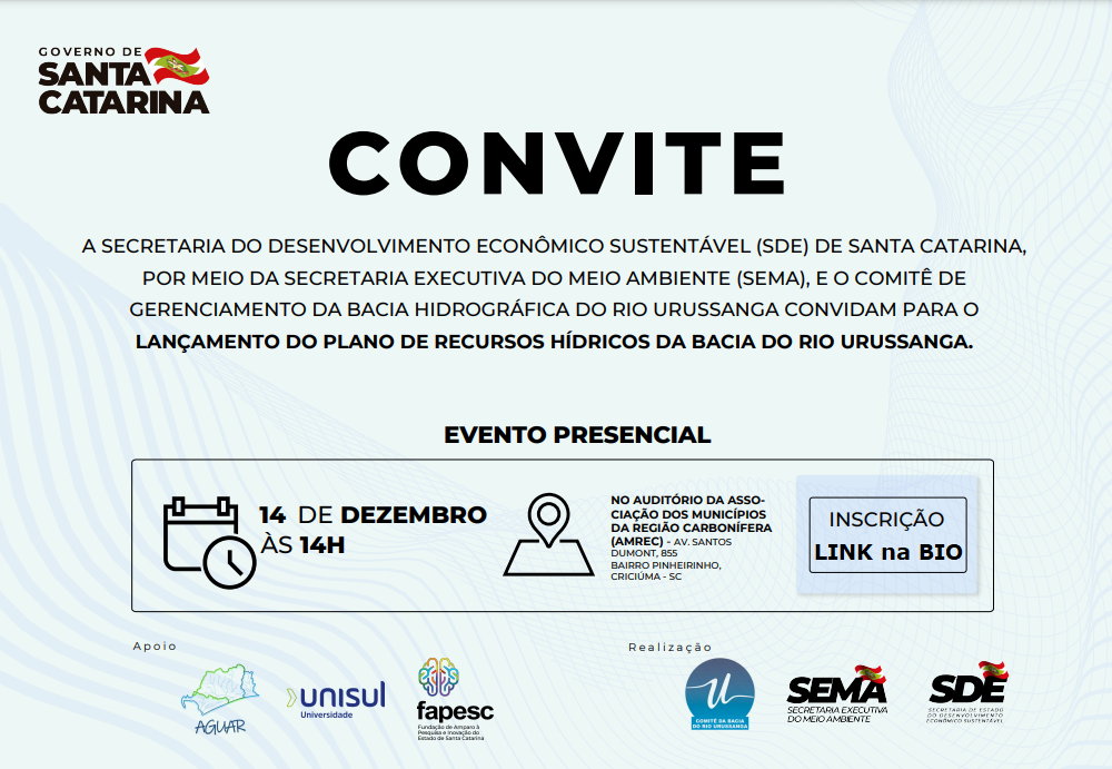 Read more about the article Comitê da Bacia do Rio Urussanga lança Plano de Recursos Hídricos nesta terça (14/12), na AMREC