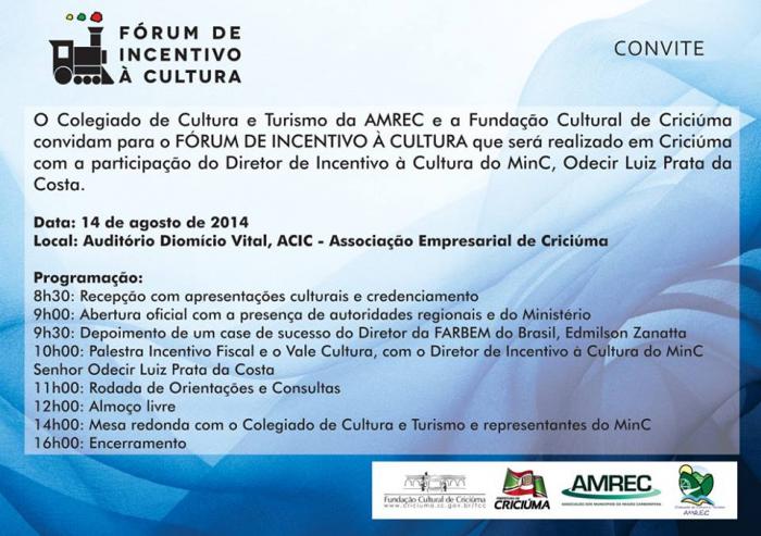 Read more about the article Colegiado de Cultura e Turismo na AMREC realiza Fórum de Incentivo à Cultura amanhã na ACIC